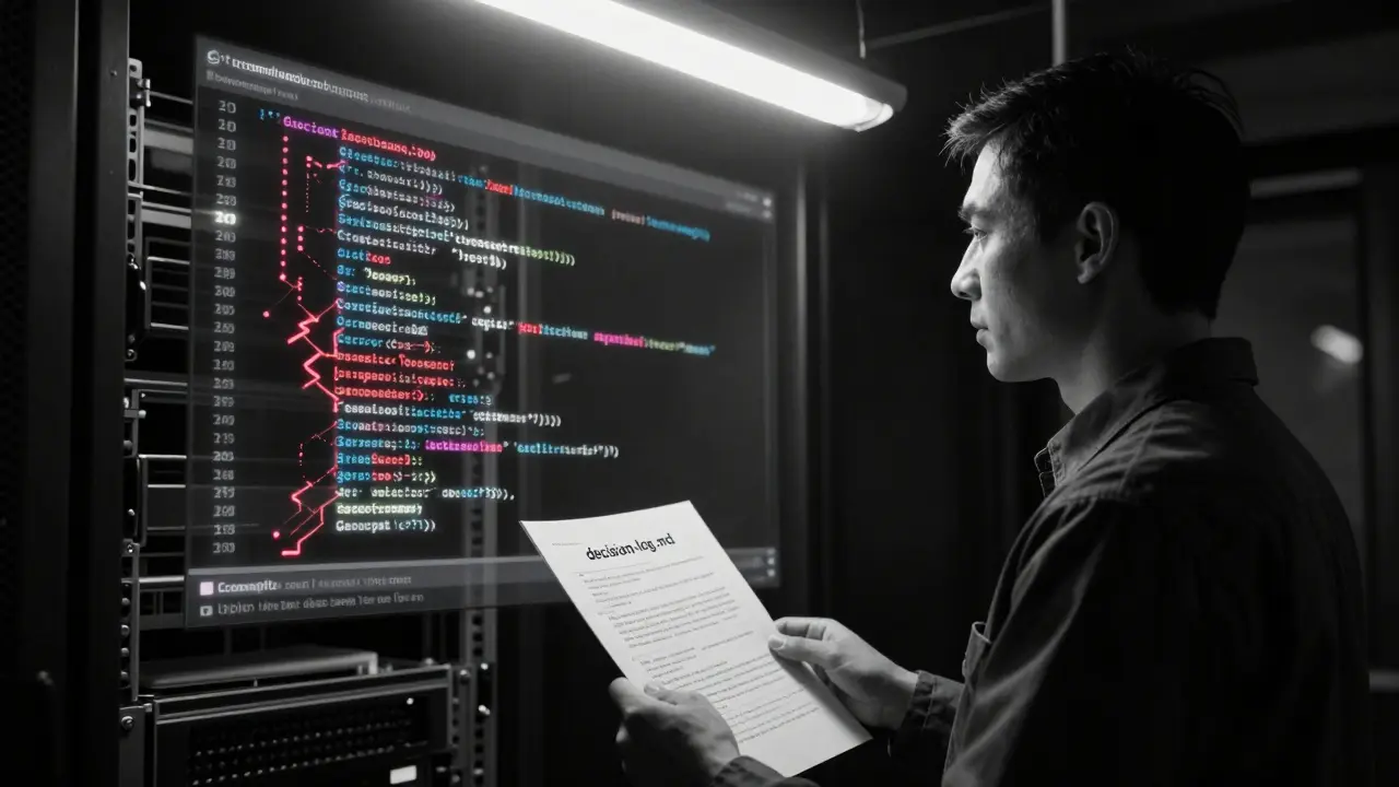Engineer in server room reading decision log as Git history projects on wall, high-contrast anime lighting.