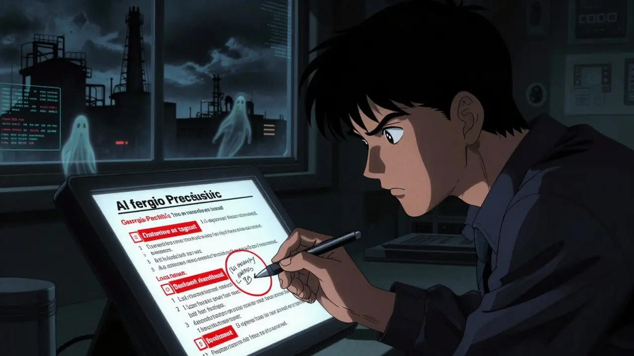 Operator corrects an AI-generated safety procedure with handwritten note, shadows cast by industrial machinery outside.