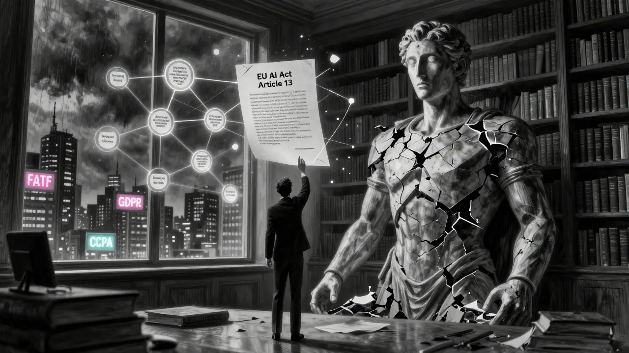 Paralegal reaching for EU AI Act document as generic AI model crumbles into a knowledge graph.