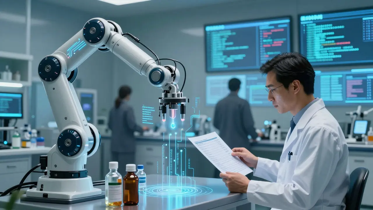 Robotic arm in hospital lab guided by glowing AI code, supervised by a regulatory expert.