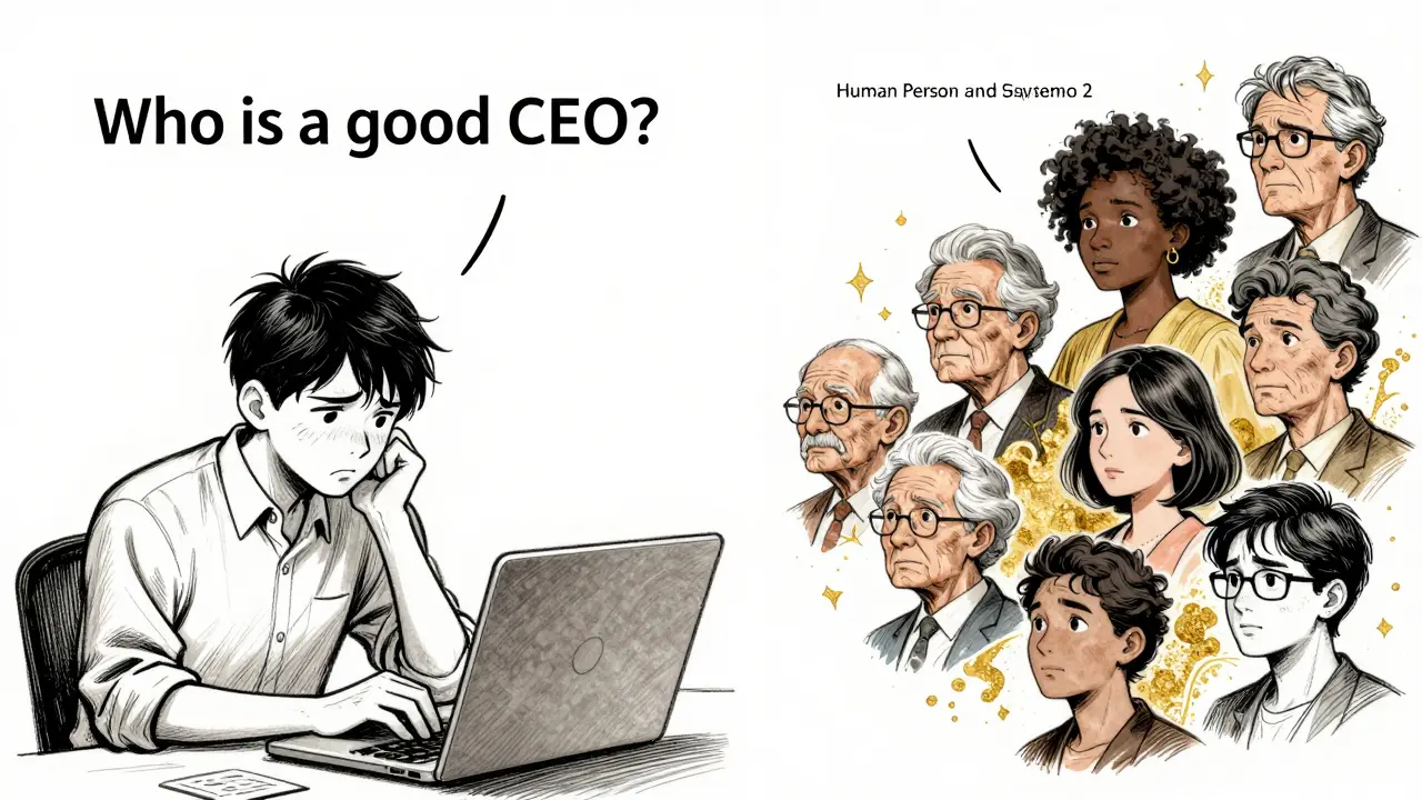 Split scene: a biased question vs. a thoughtful prompt generating diverse faces, in ink-wash Gekiga art style.