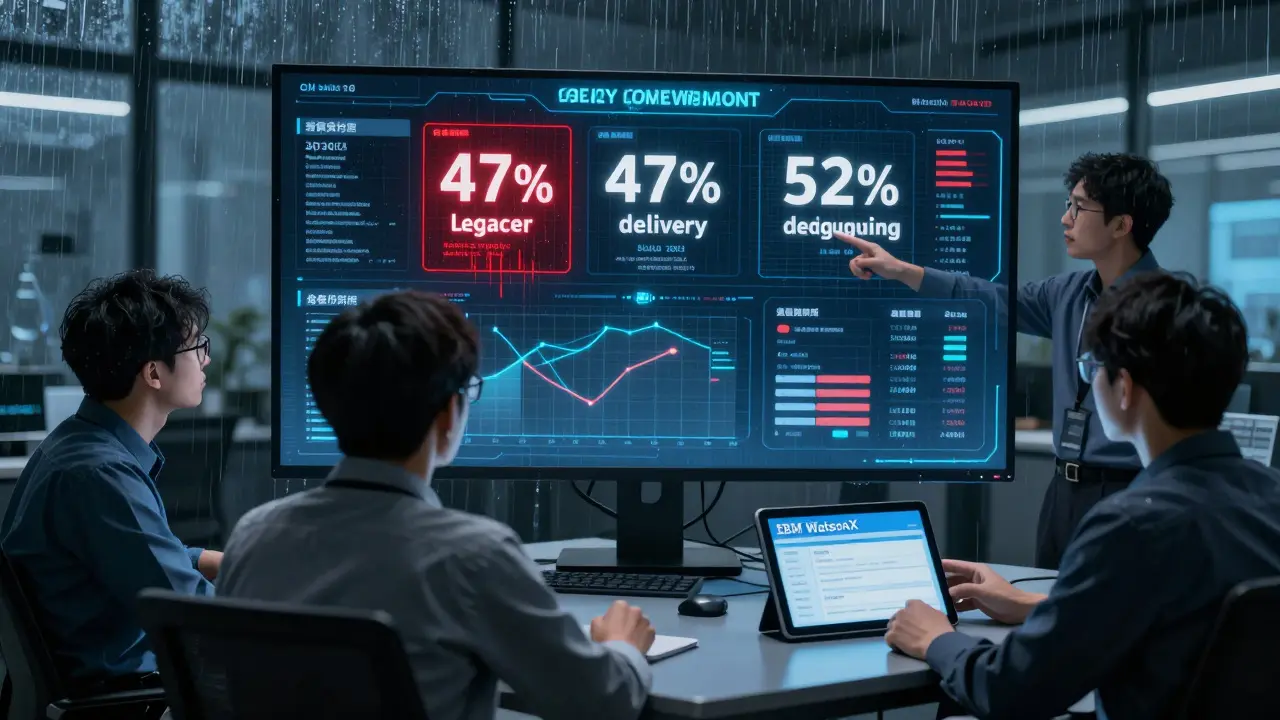 Team in war room facing holographic AI metrics and glitching legacy code under cold lighting.