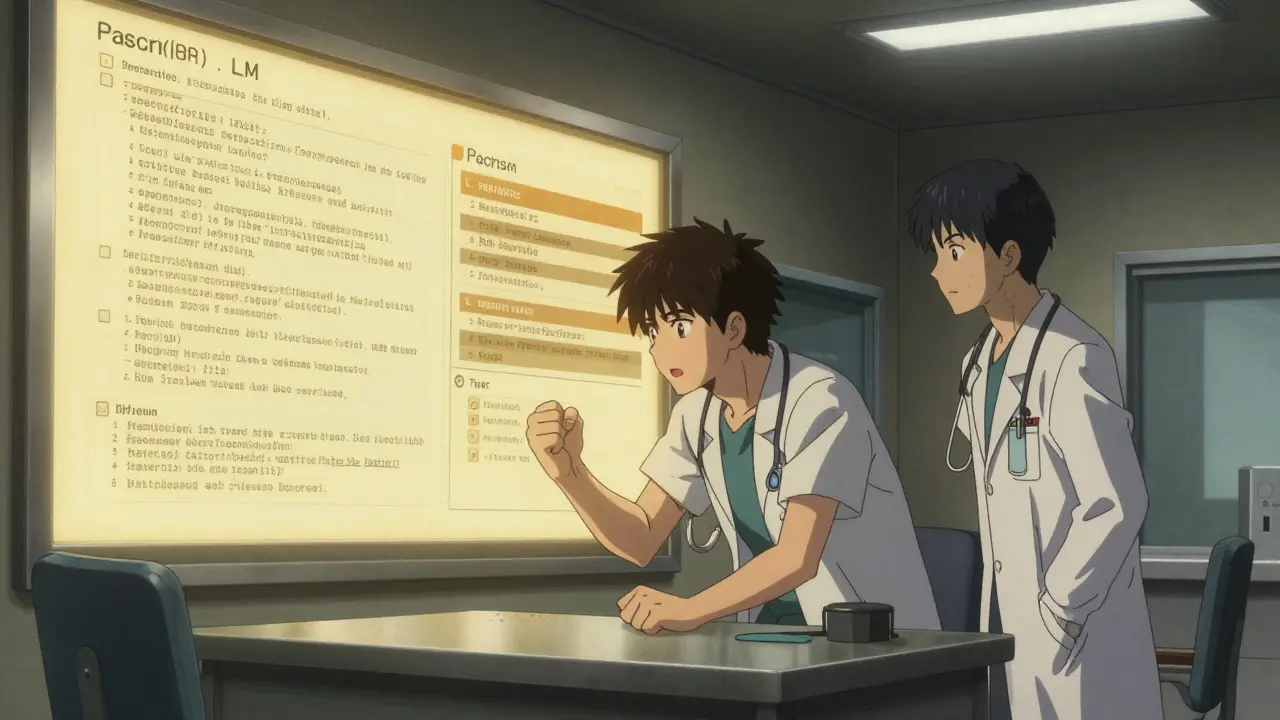 Two medical staff face a chaotic LLM output versus a clean, structured prompt in a hospital control room under flickering lights.