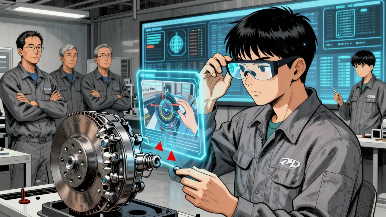 Worker uses AR glasses to follow holographic assembly steps on an EV brake caliper, with QC data glowing around them.