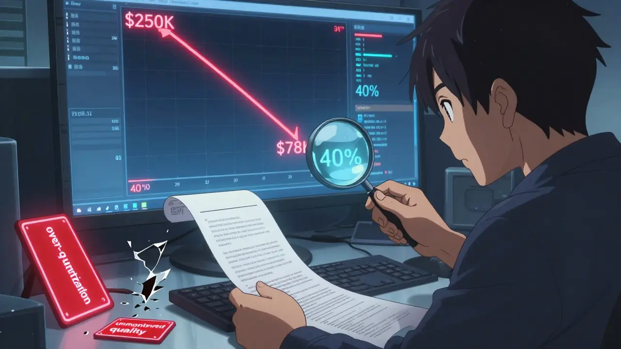 A developer trimming a bloated prompt while a cost graph plummets, with warning signs shattered on the floor.