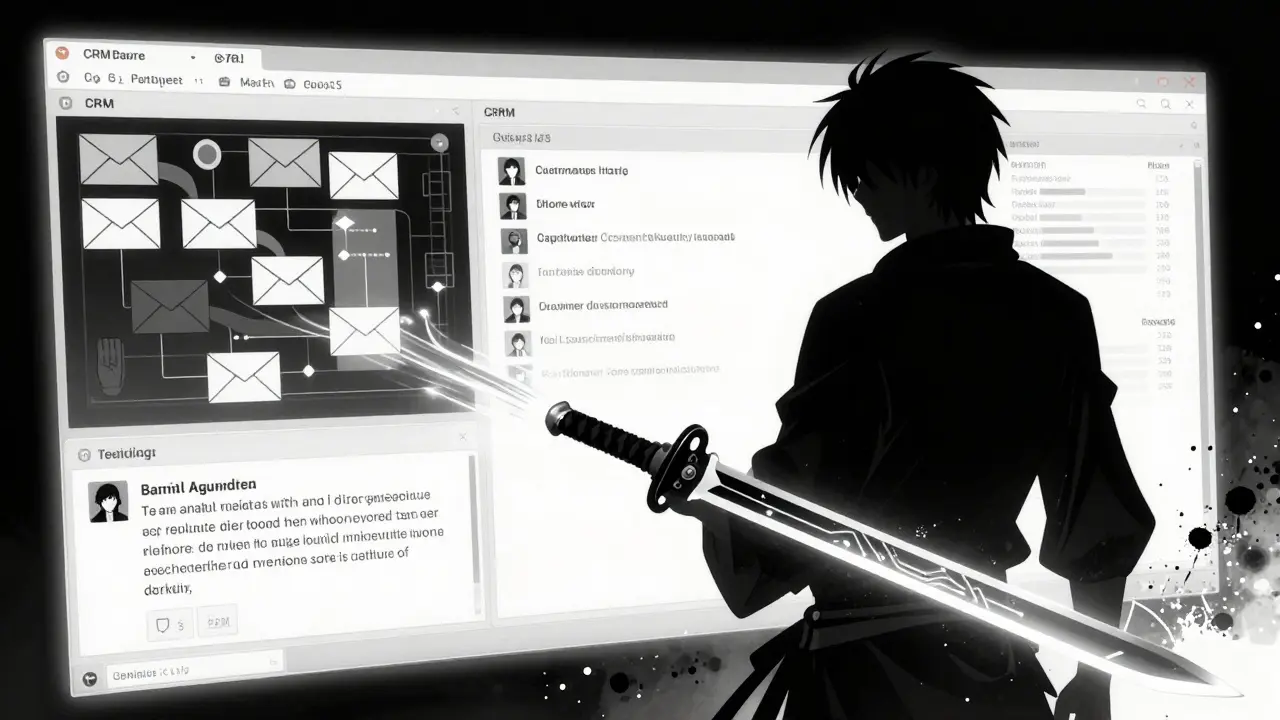A digital pipeline visualized as a samurai sword forging personalized email replies from customer data, in dark, ink-heavy anime style.