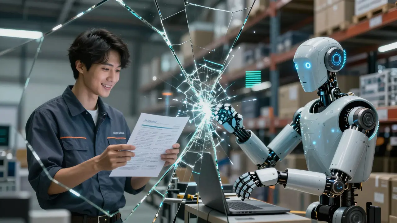 A fractured mirror shows a human worker and a robot learning from each other, surrounded by glowing data streams of truth.