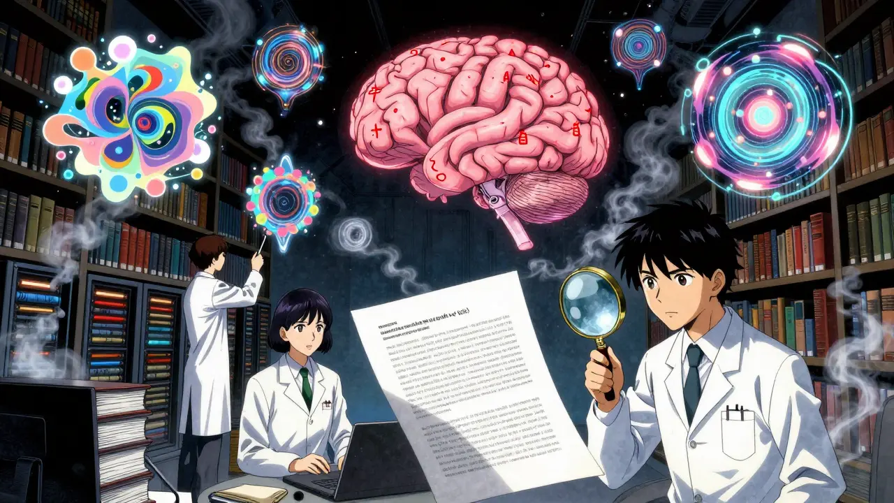 A futuristic data library with swirling vector embeddings, workers pruning unstable data clusters, and warning glyphs glowing over a contradictory document.