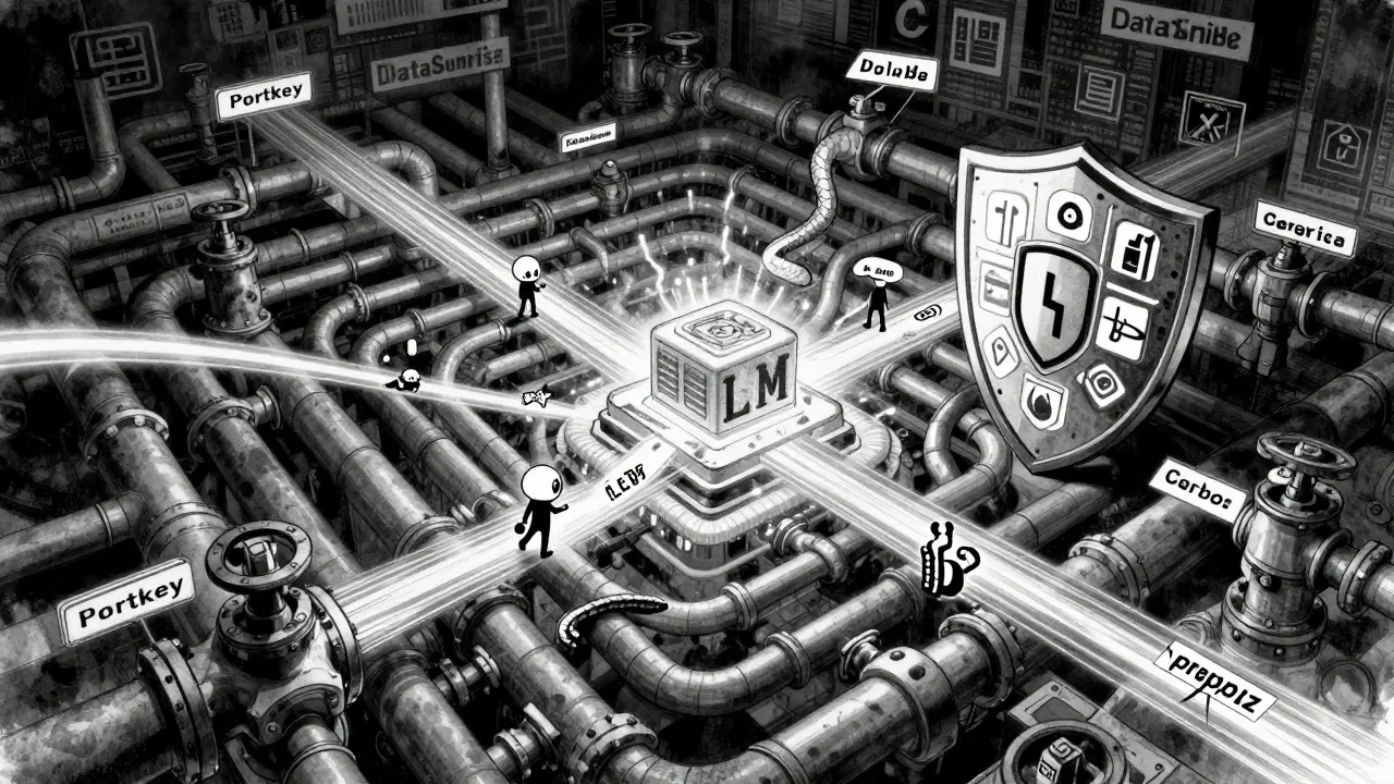 A labyrinth of AI security tools channels data through a central LLM core, with a hidden prompt injection attempt being blocked by a firewall shield.