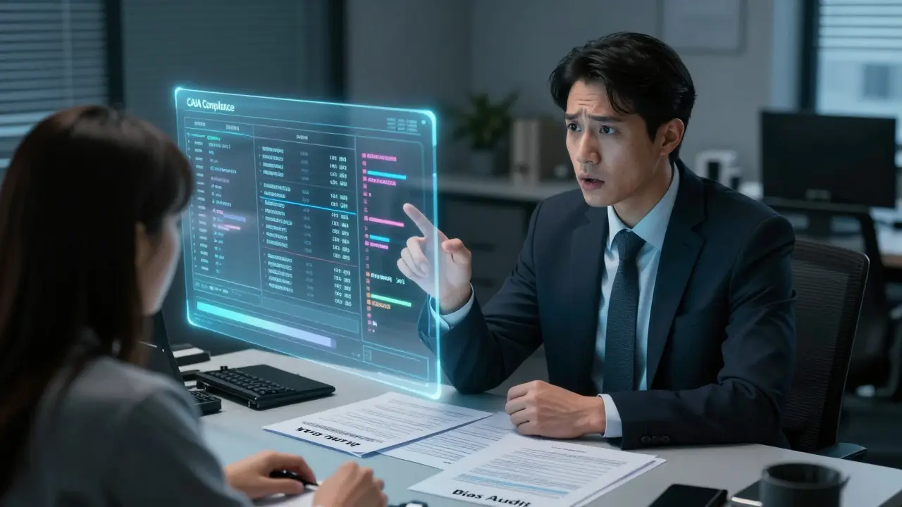 A manager explains human review options to an applicant while a holographic AI scoring system displays biased logs and compliance documents.
