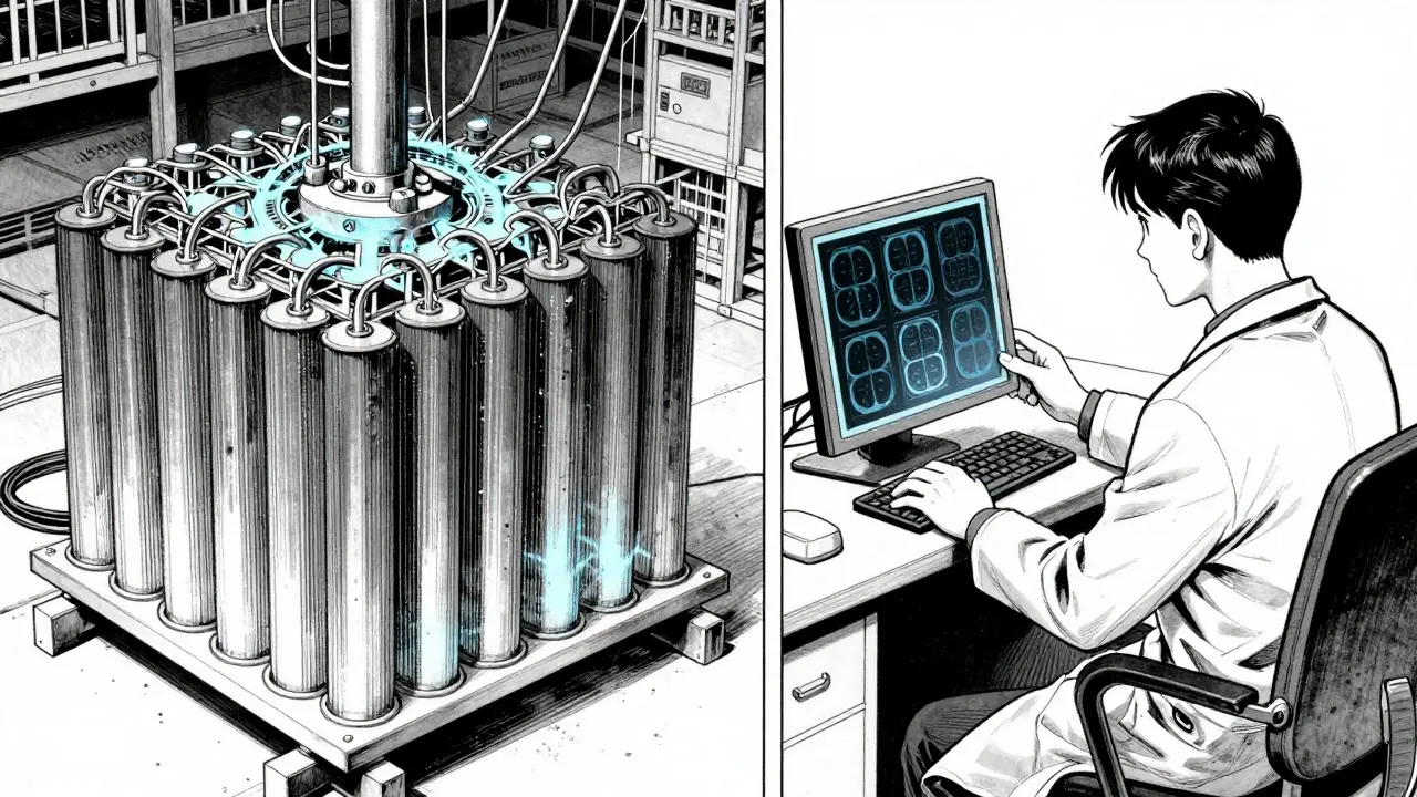 A neural network processes medical scans while a doctor makes a diagnosis, illustrating hidden AI labor.