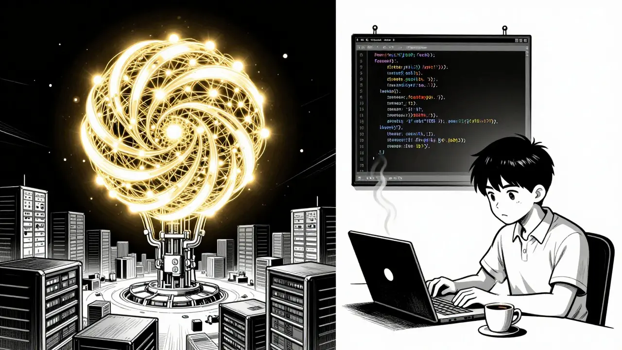 A split scene: a giant AI tower vs. a teen fine-tuning it on a laptop, showing democratized AI power in Gekiga style.