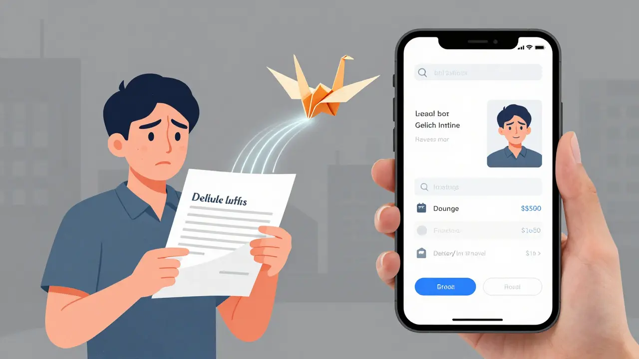 A split scene of a frustrated customer becoming happy as an origami crane delivers an automated email, in stylized Gekiga anime art.