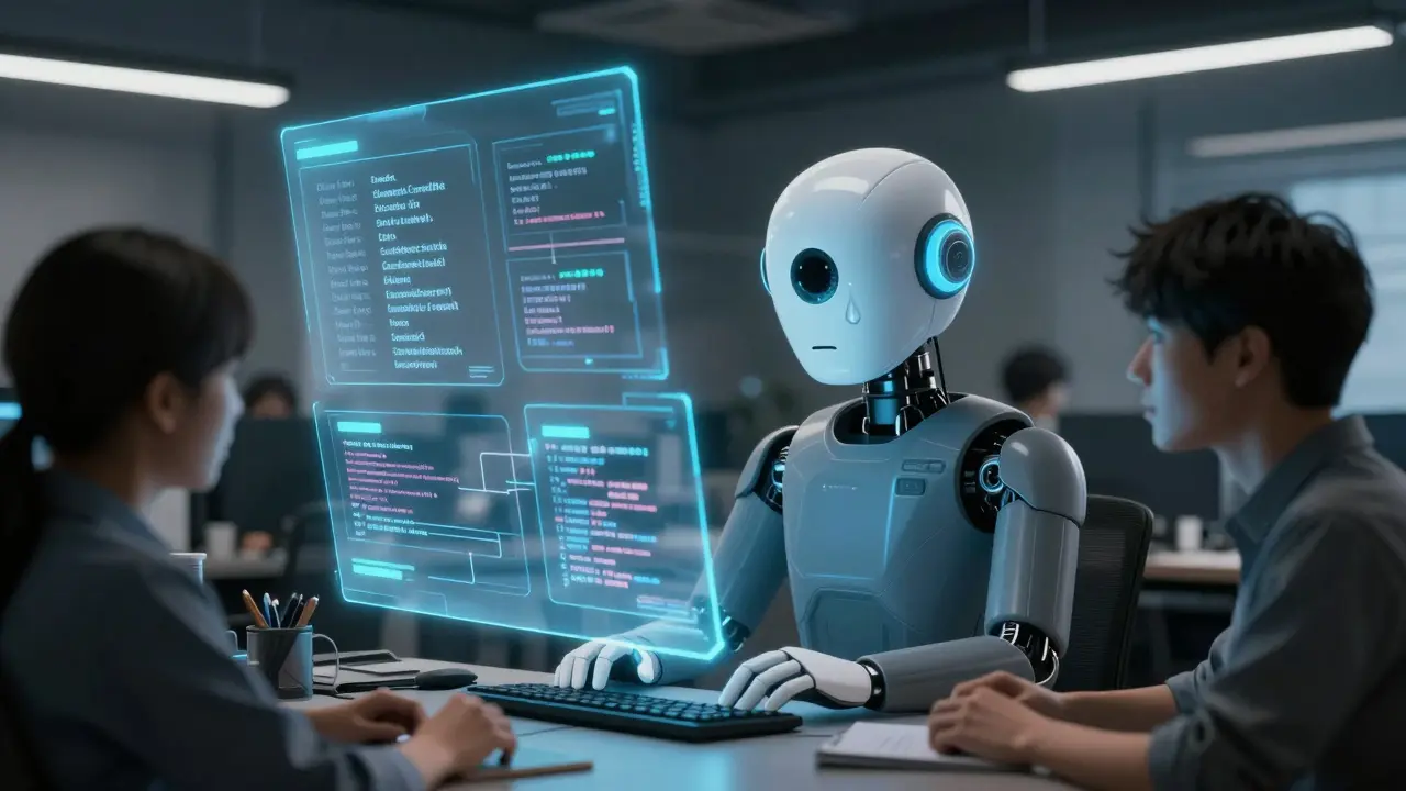 A startup team watches an AI agent resolve a customer issue using live data panels, tears of code falling from its eye.