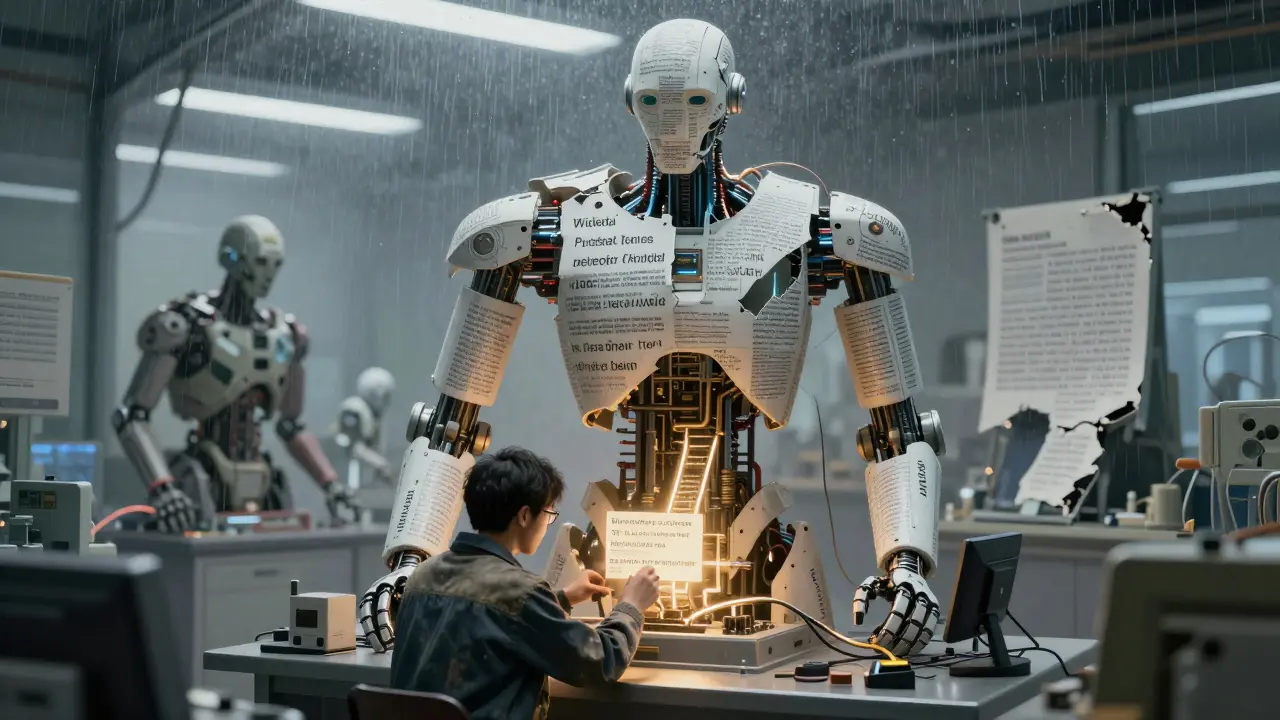 A technician connects a small dataset to a massive AI model, while obsolete models lie broken in the background, in Gekiga style.