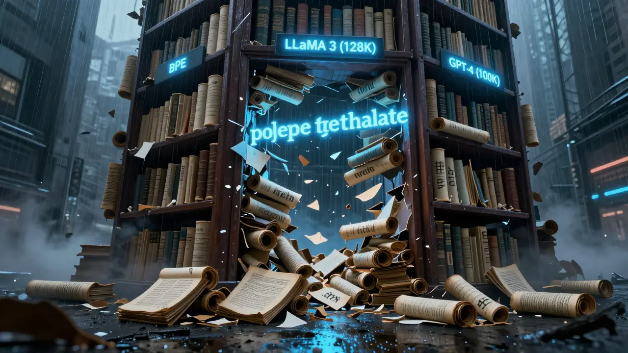 A vast vocabulary library crumbles as technical terms shatter into fragmented tokens under neon light.