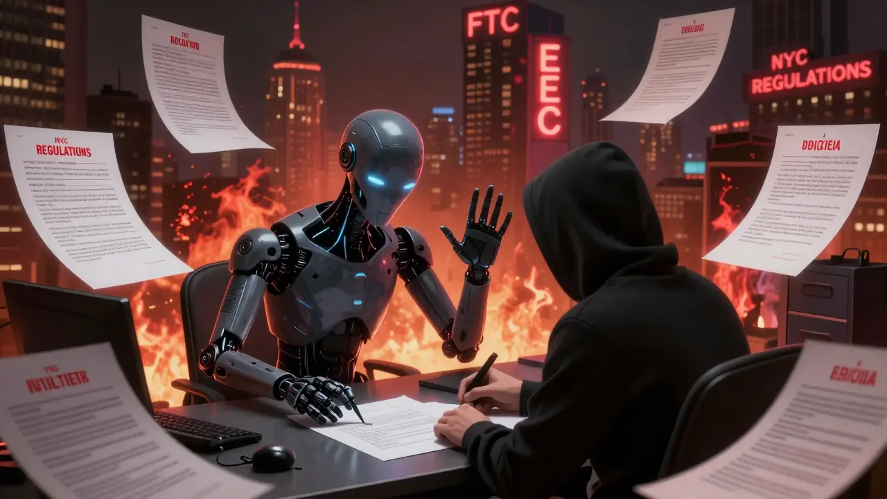 A worker confronted by an autonomous AI signing a contract, surrounded by legal contracts and regulatory warnings.