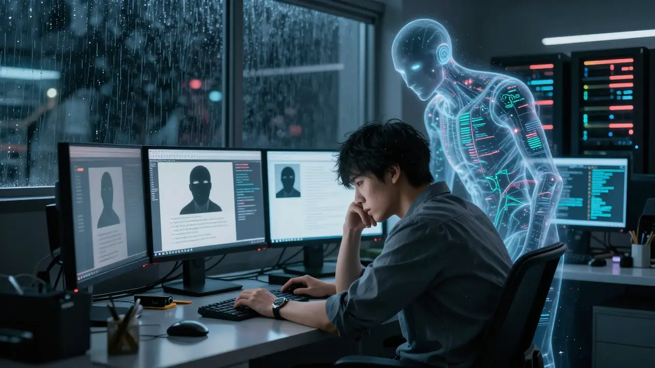 An engineer works amid flickering screens as a ghostly AI entity made of data hovers behind them.