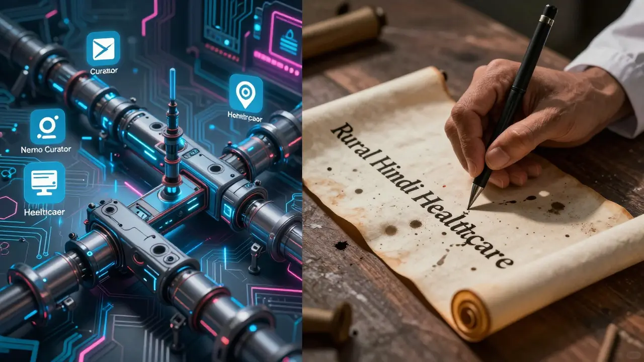 Automated tools filtering data on one side, a human annotating culturally nuanced text on the other.