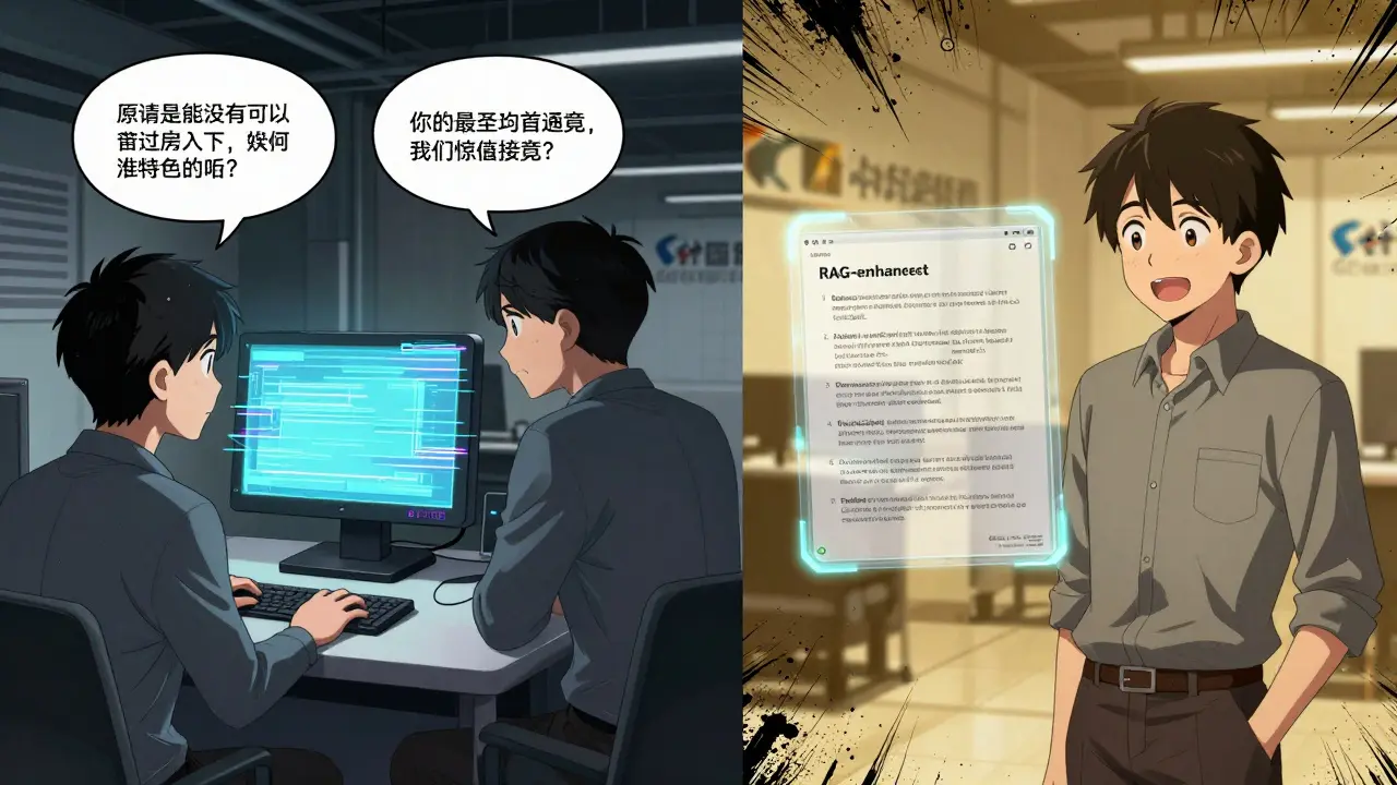 Contrasting scenes: a confused customer with a glitching AI bot on one side, and a satisfied customer with a RAG bot showing source documents on the other.