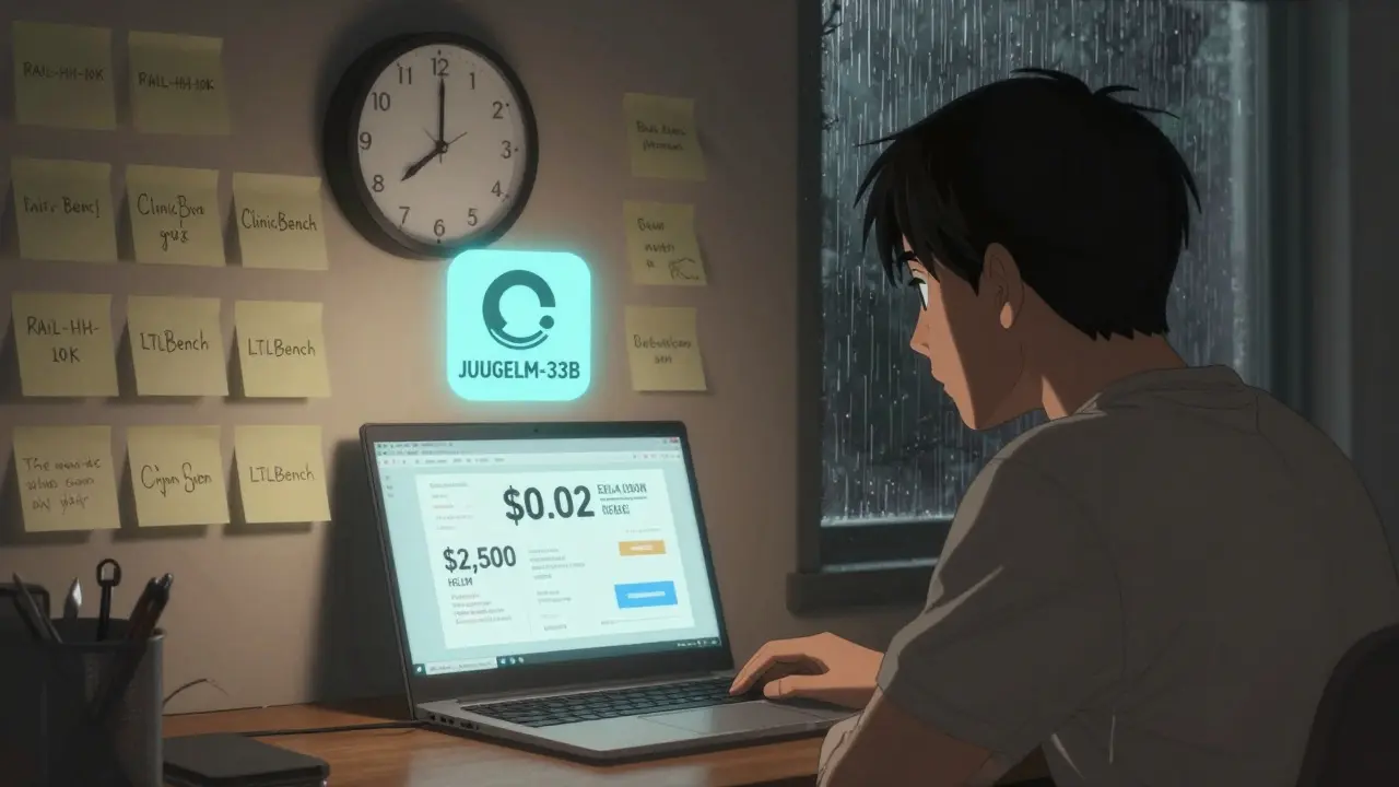 Developer surrounded by evaluation benchmarks under dim lighting, rain on window.