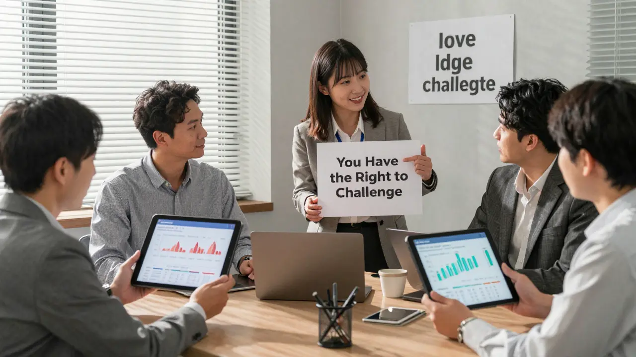 Diverse employees examine their AI performance metrics in a breakroom, with a notice affirming their right to challenge algorithmic decisions.