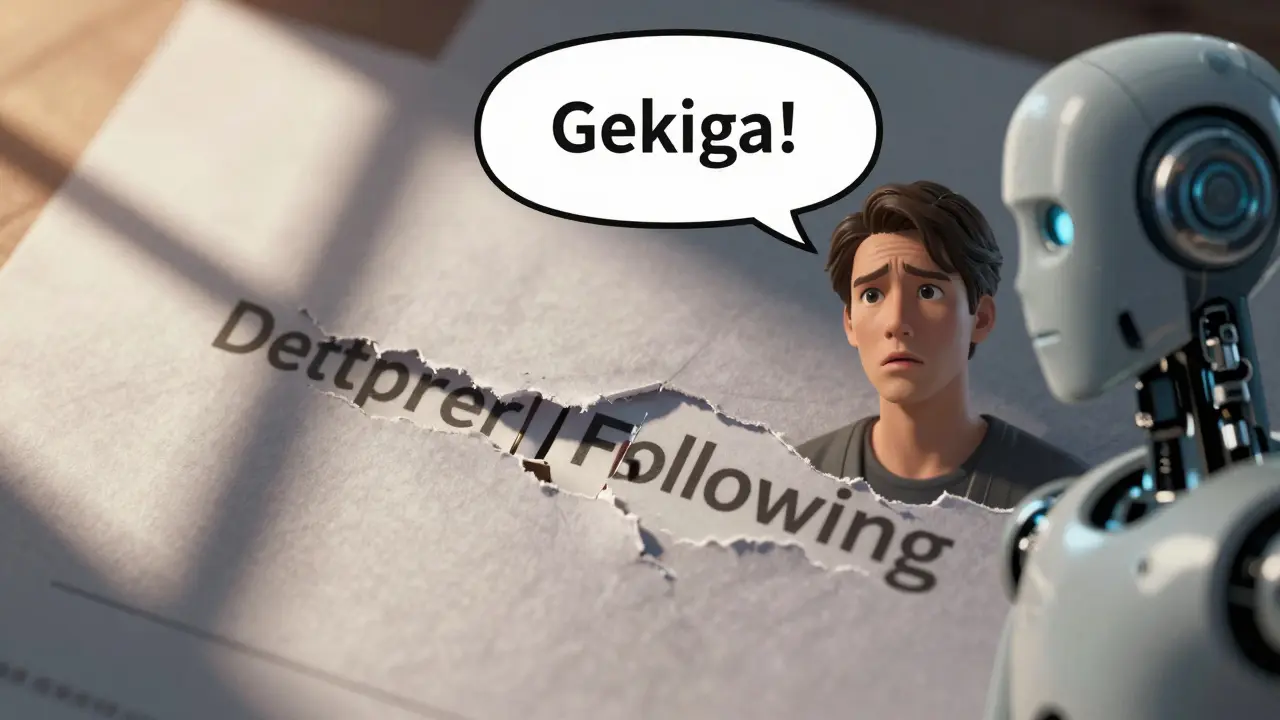 Document with abruptly cut-off text, user and AI character showing confusion over literal instruction adherence.