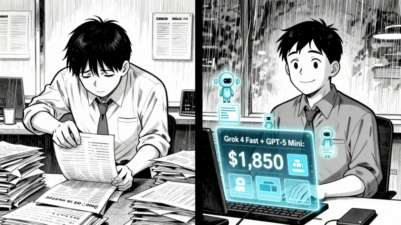 Employee comparing old ,000 monthly bill with new ,850 LLM cost using optimized models.