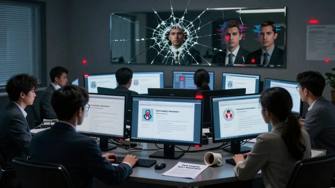 Employees in a boardroom facing AI-generated errors, with a pulsing watermark and a document marked 'NOT PROVIDED'.