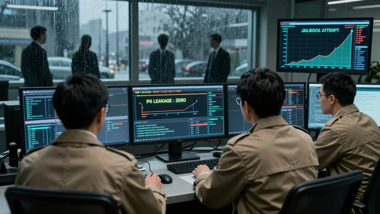 Engineers monitor real-time AI guardrail metrics in a rain-soaked control room under cold neon lights.