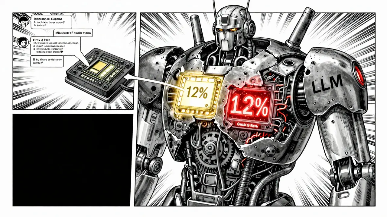 Fragmented robot with only 12% of its circuits active, illustrating Mixture-of-Experts efficiency in a cheap LLM.