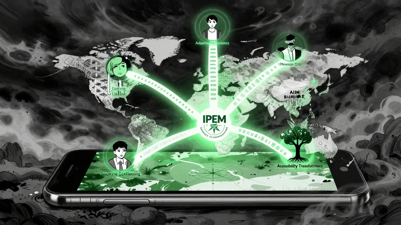 Global map connected to AI framework with cultural textures and three pillars of inclusive prompt design glowing softly.