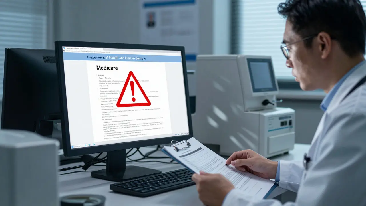 Healthcare workers reviewing a Medicare document with an error alert on a computer screen.