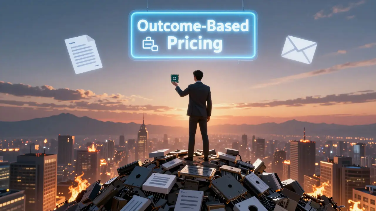 Leader holding budget AI chip atop a pile of expensive models, dawn breaking with outcome-based pricing in sky.