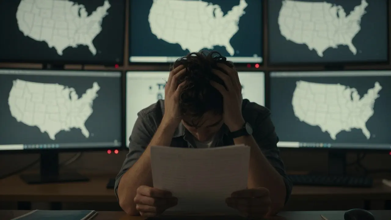 Person managing conflicting state regulations for AI compliance on multiple monitors.