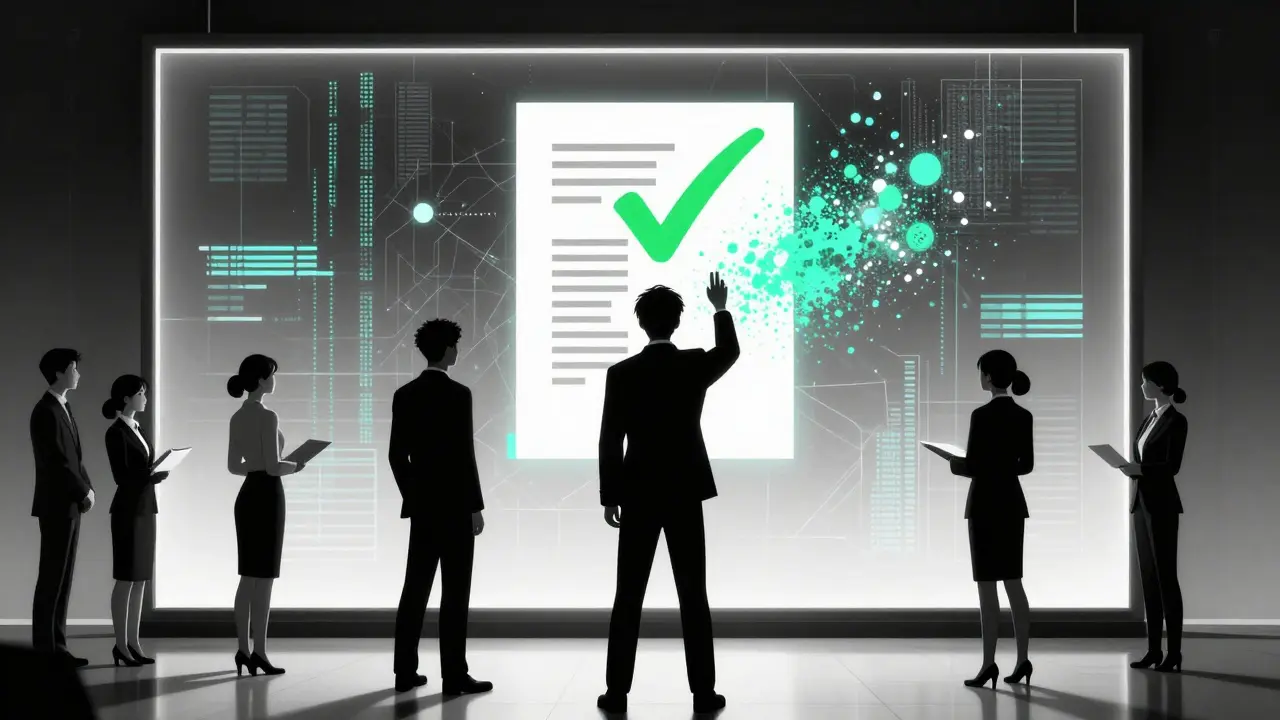 Professionals watching a Zero-Knowledge Proof verify a document without revealing its contents.