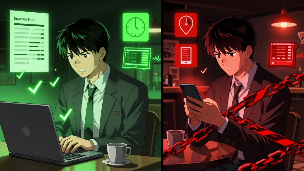 Split scene: one side shows authorized access during work hours, the other shows blocked access at night on a personal device with contextual warnings.