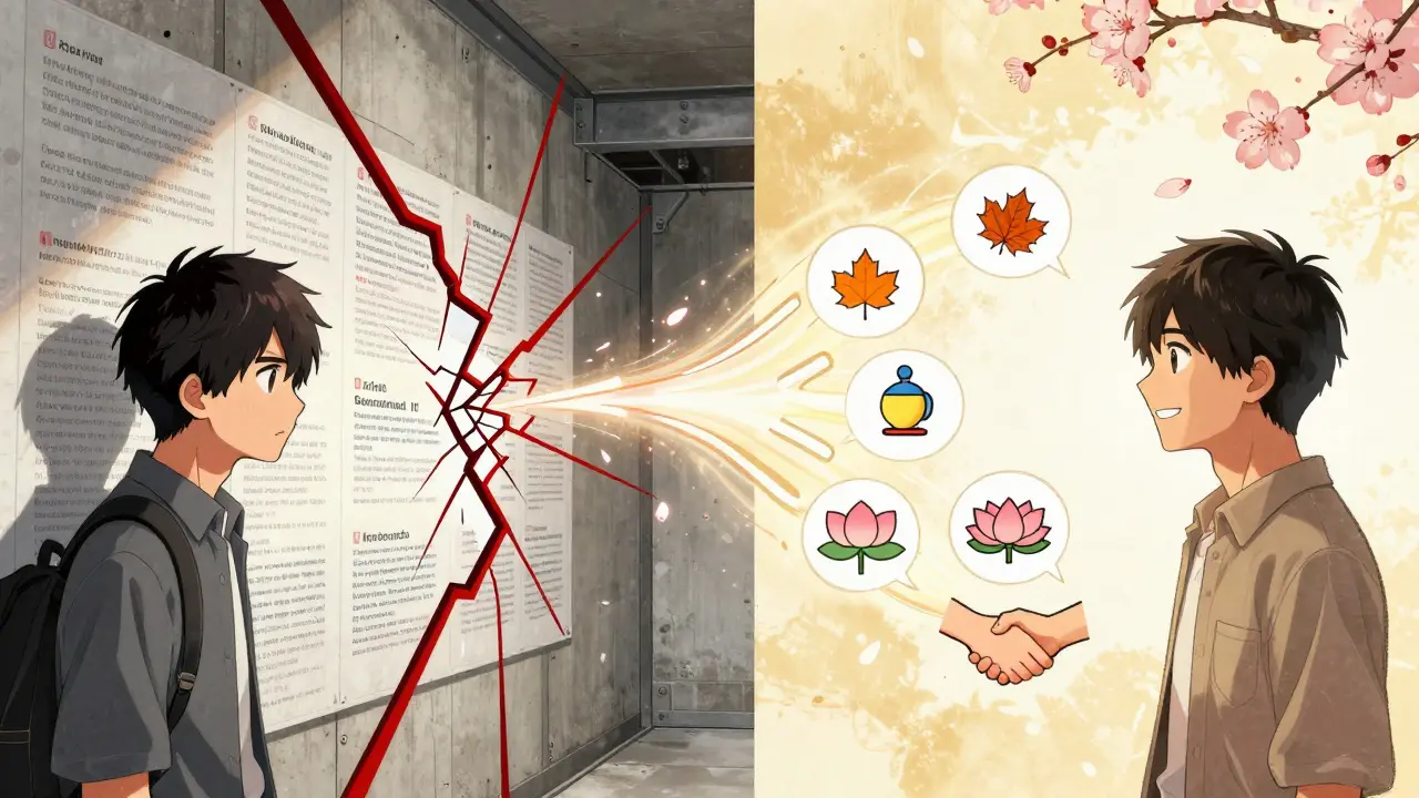 Split-screen: frustrated user with technical text vs. same user smiling as inclusive AI guidance unfolds with cultural symbols.