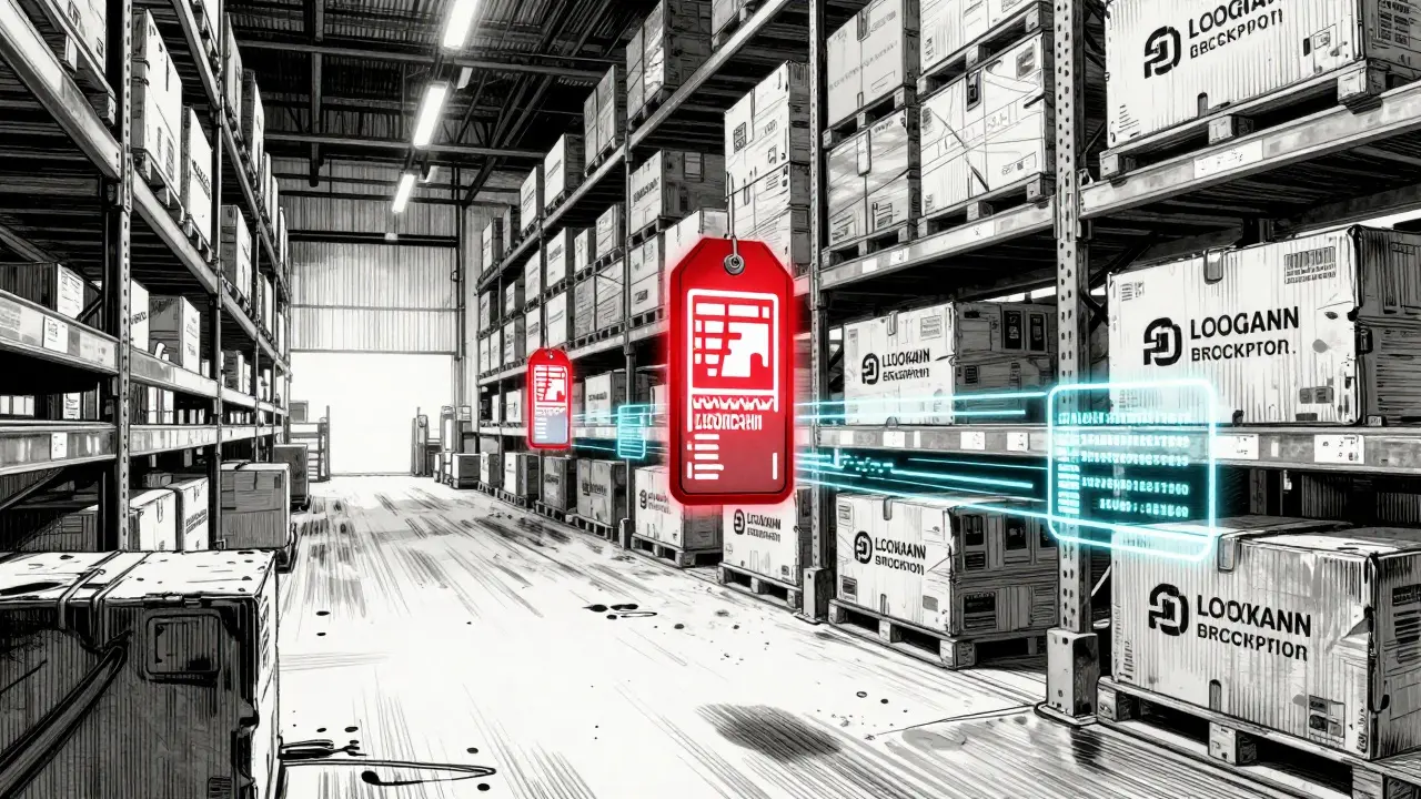 Supply chain warehouse with AI-generated labels and encrypted data streams, one flagged as compromised.