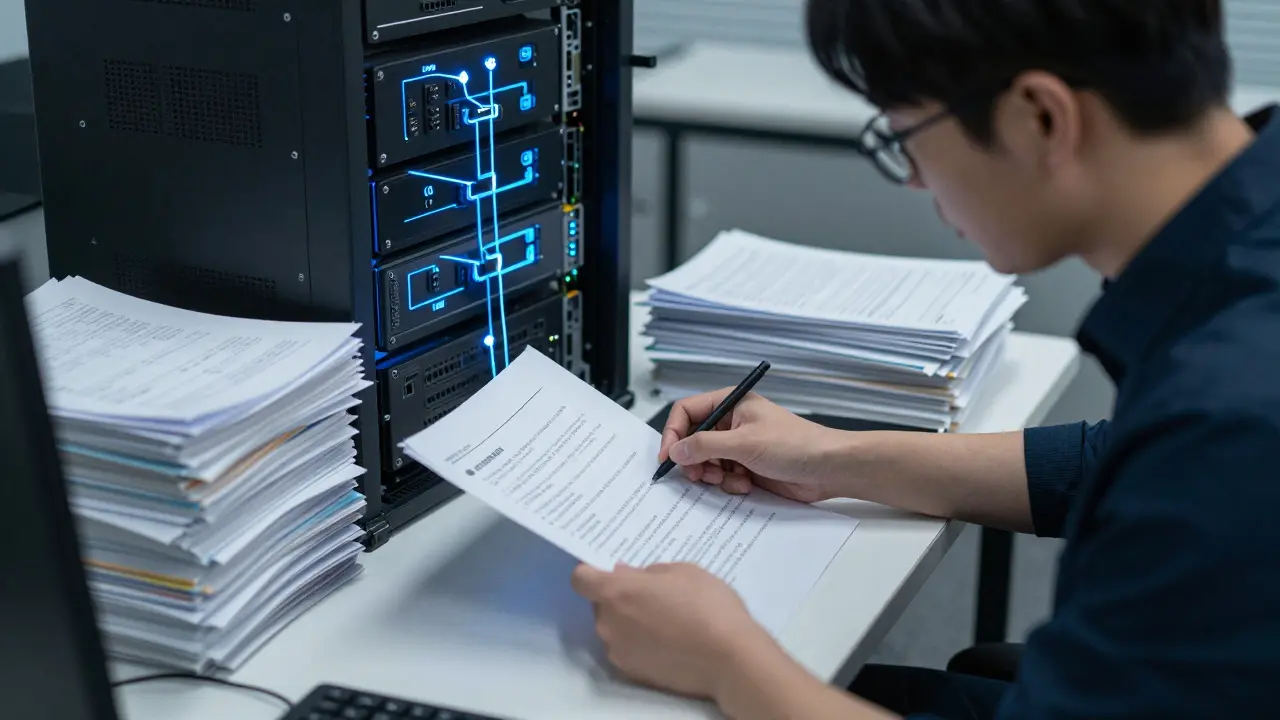 Technician curating instruction-response pairs with server racks and glowing LoRA parameters in background.