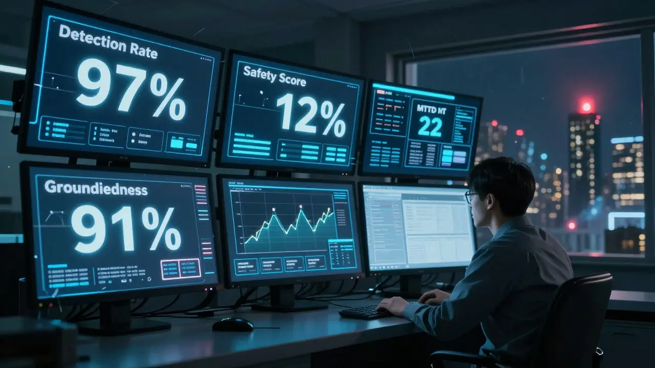 A control room with four glowing KPI monitors shows high security metrics while a lone analyst watches in dim light.