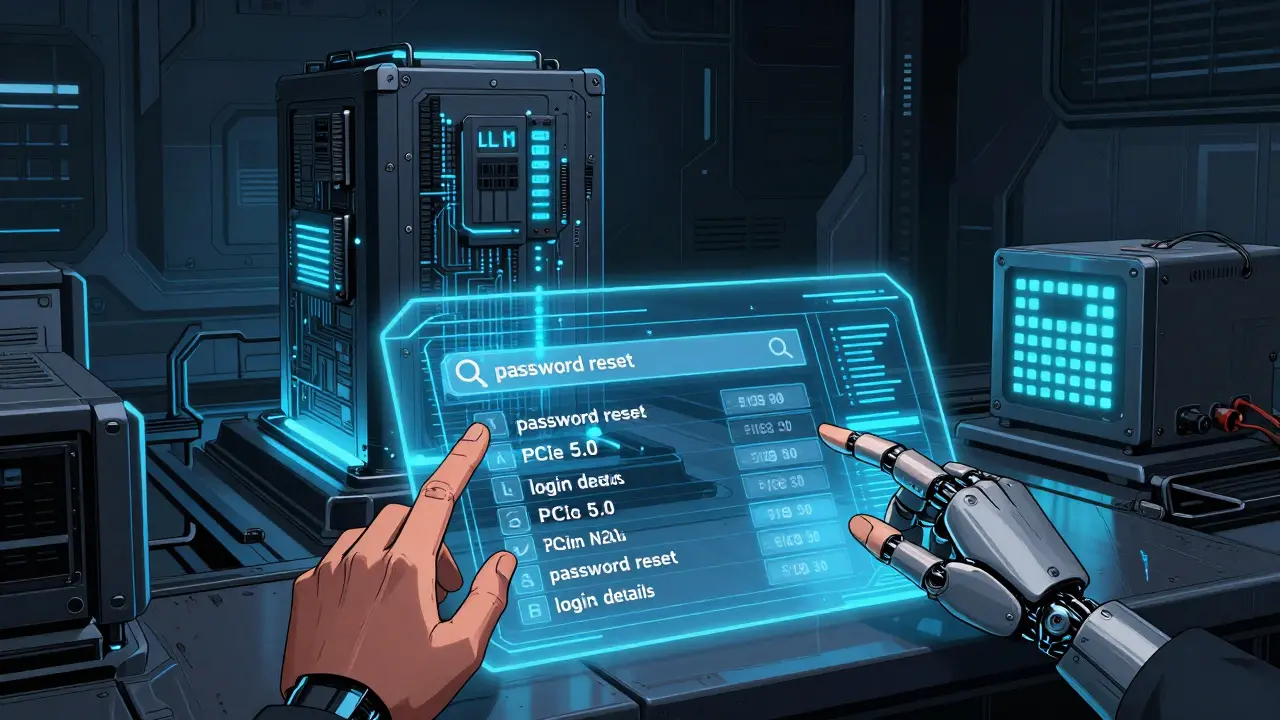 A control room with hybrid search interfaces glowing beside a dimmed LLM core, rendered in gritty ink lines.