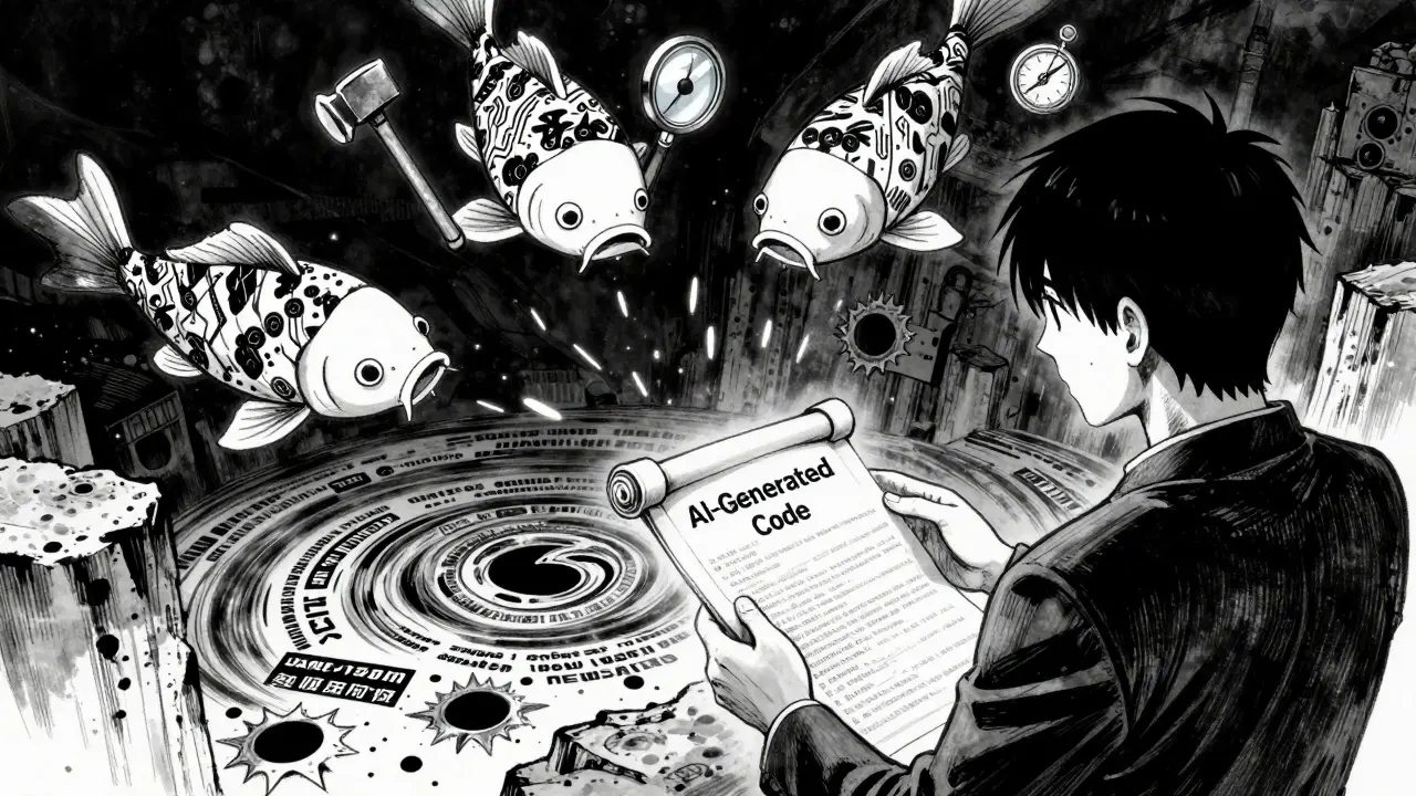 A developer at a digital cliff facing AI-generated code risks, with four AI agents offering guidance.