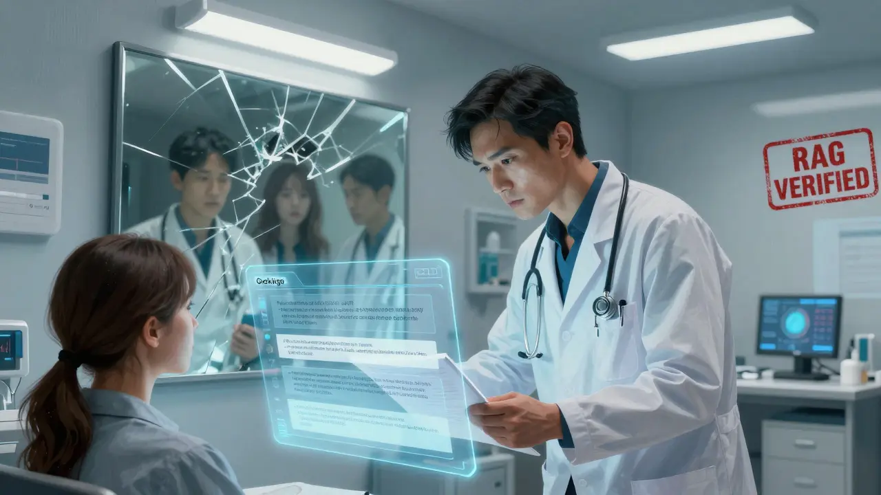 A doctor viewing verified medical data through an AI interface, with hallucinated answers reflected in a fractured mirror.