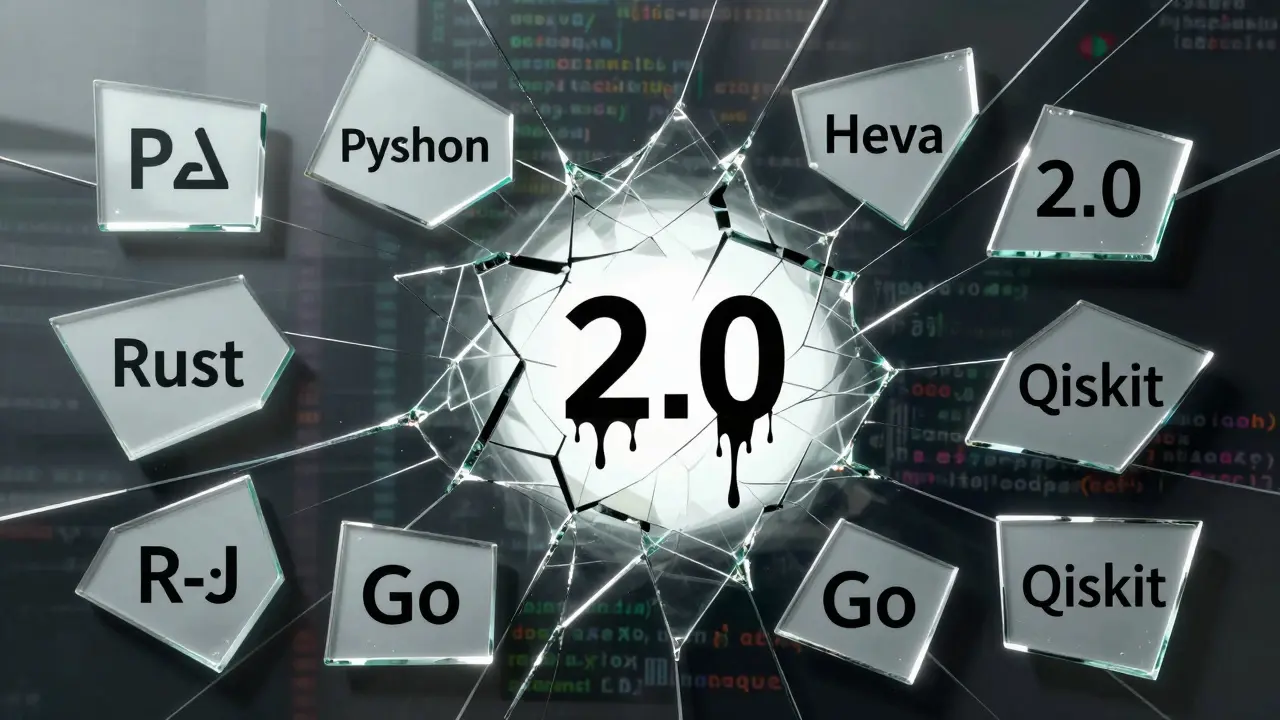 A fractured mirror showing AI-generated code in 12 languages, with a bleeding HumanEval logo at the center.
