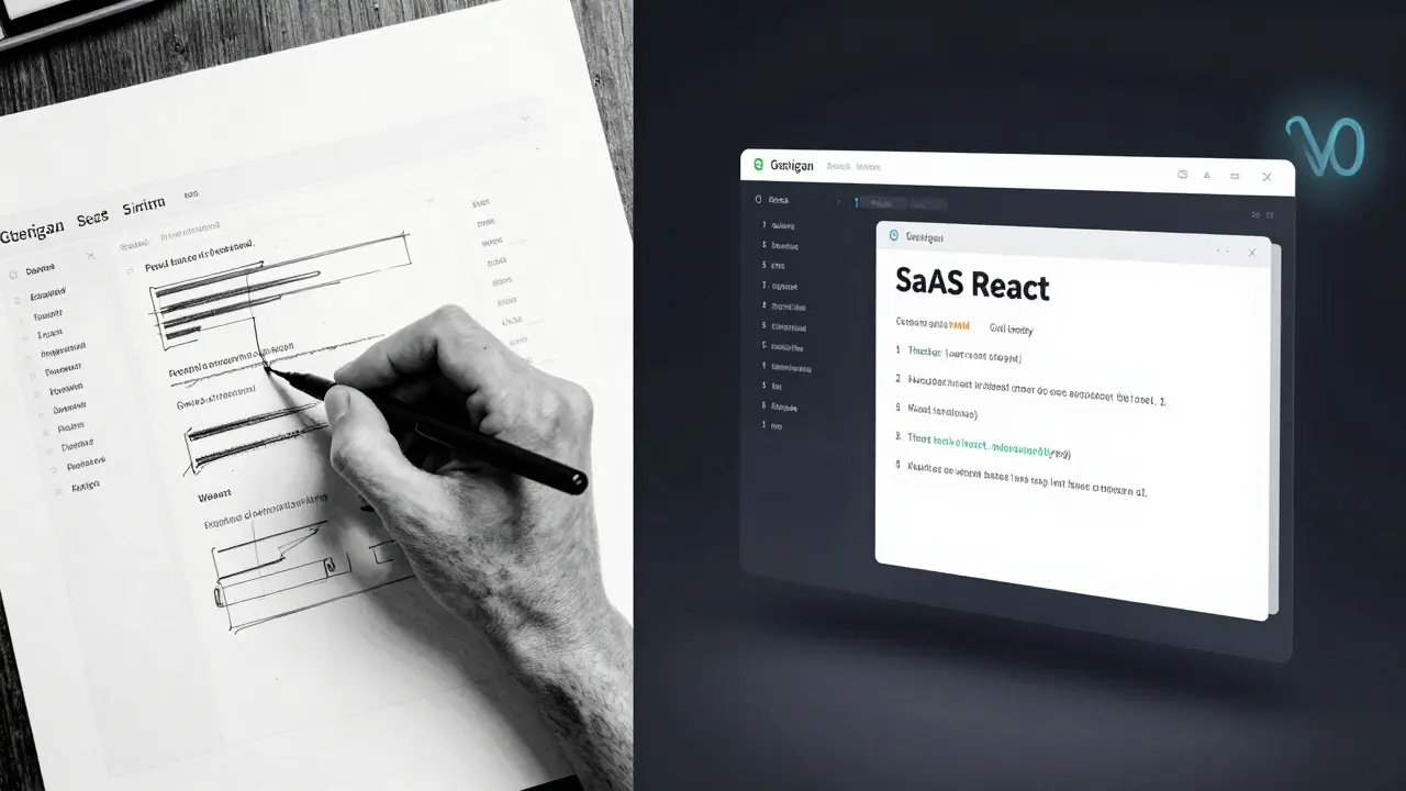 A hand-drawn dashboard instantly becomes clean React code, rendered in sharp ink and halftone tones.