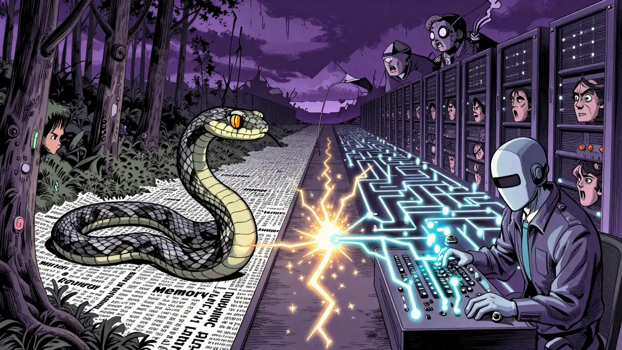 A Mamba serpent and transformer threads merge at a junction, controlled by a masked engineer amid a crumbling server farm.