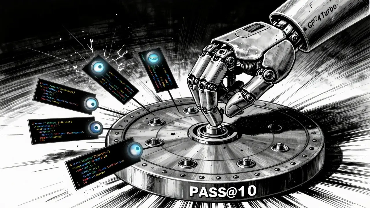A mechanical hand dropping code snippets into a spinning wheel, with only three passing tests surviving.