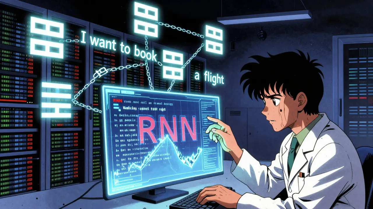 A scientist watches a recurrent neural network collapse under the weight of a long sentence, symbolizing memory loss.