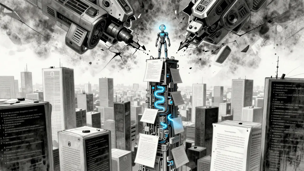 A small hybrid model climbs a city of documents, outpacing a collapsing transformer tower under stormy skies.